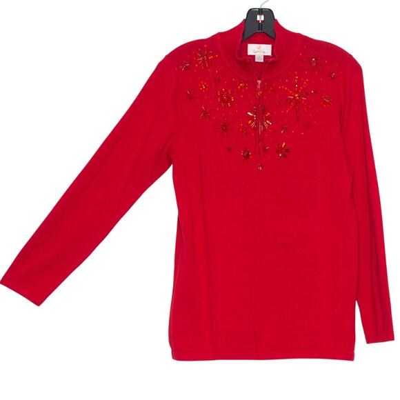 Quacker Factory Sweater 1/4 Zip Embellished Christmas Holiday Festive Red Small - Picture 7 of 7